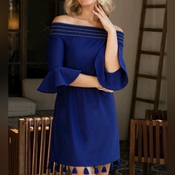 NWOT Cabana Life Navy Terry Off the Shoulder Dress Mini Tassel ,Small - Picture 1 of 6